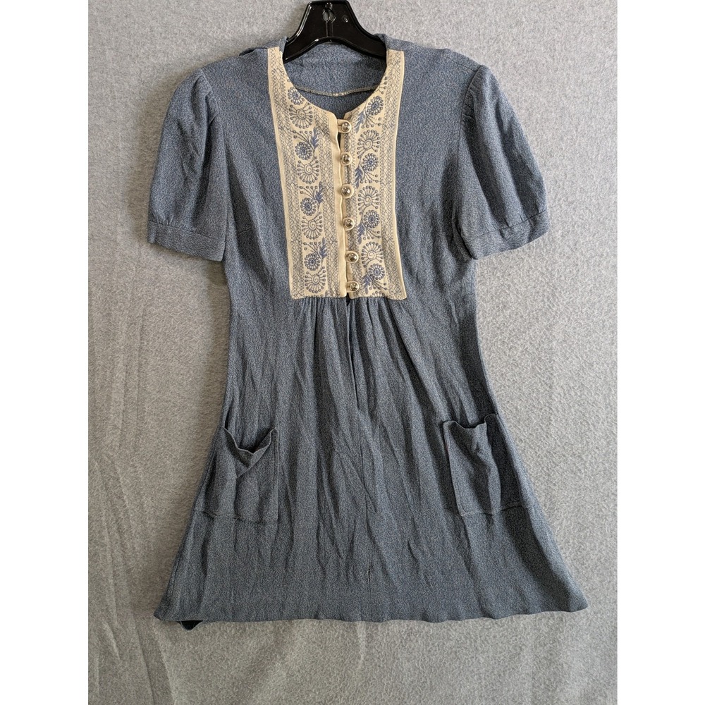 Dress Womens XS 1/2 Button Stitch Short Puff Sleeve knit Front Pocket Flowy Blue